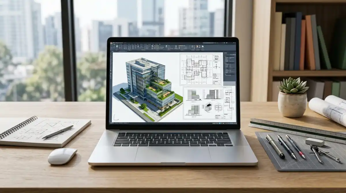 17 Best Laptops For Architecture Students (2026) Expert Tested Modern laptop displaying architectural building designs, CAD software, and 3D modeling workspace for architecture students