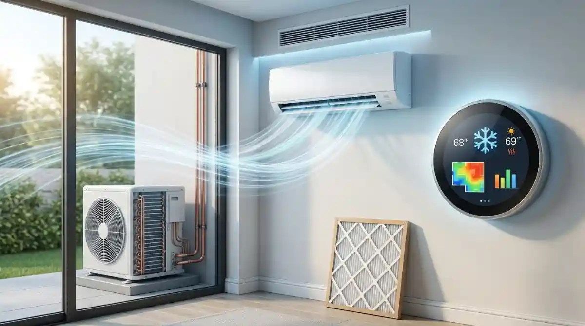 Air Conditioner Running Too Long? Fix It Fast (2026) Modern central air conditioner outdoor unit running beside a home while a homeowner inspects the cooling system