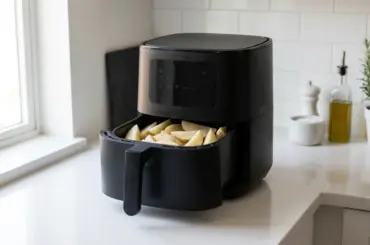 Modern air fryer placed on a kitchen countertop with visual focus on diagnosing a heating problem and appliance troubleshooting
