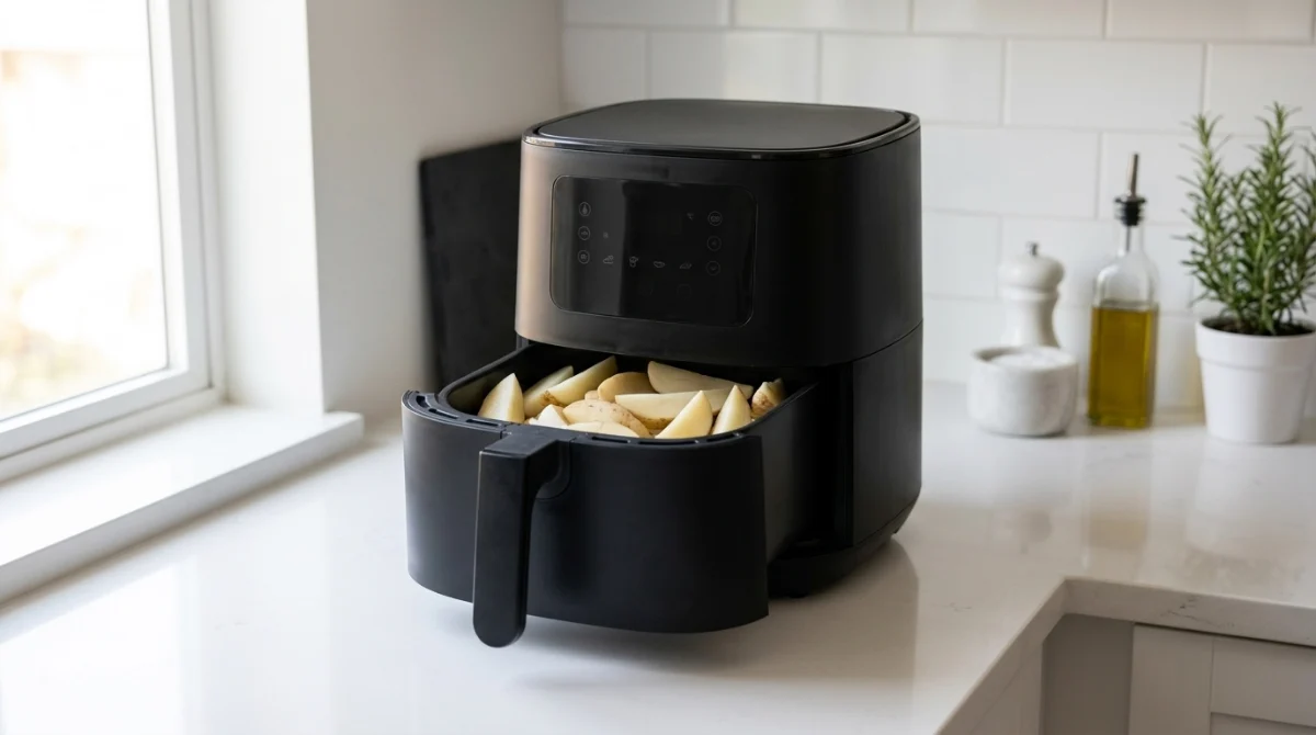 Air Fryer Not Heating (2026): Troubleshooting Guide Modern air fryer placed on a kitchen countertop with visual focus on diagnosing a heating problem and appliance troubleshooting