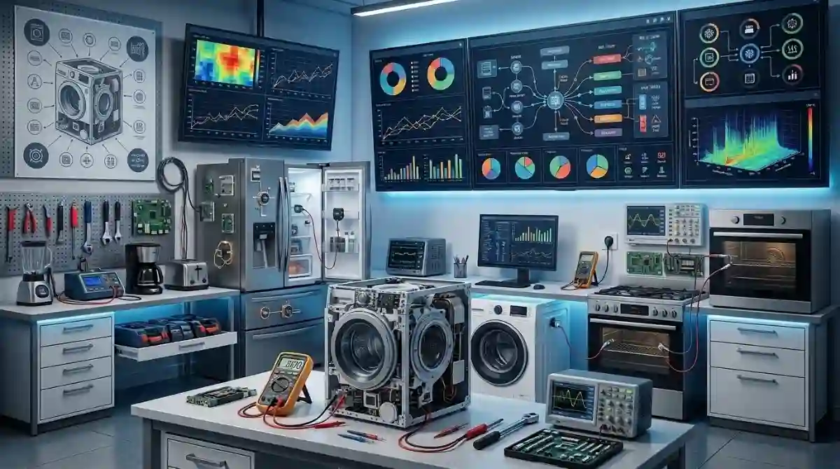 Appliance Repair Statistics (2026): Complete Industry Guide Technician repairing a modern household appliance with charts, graphs, and industry data displayed on a digital dashboard