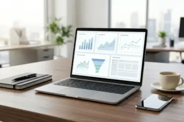 Modern laptop on a professional workspace with marketing analytics dashboard, creative tools, and productivity applications