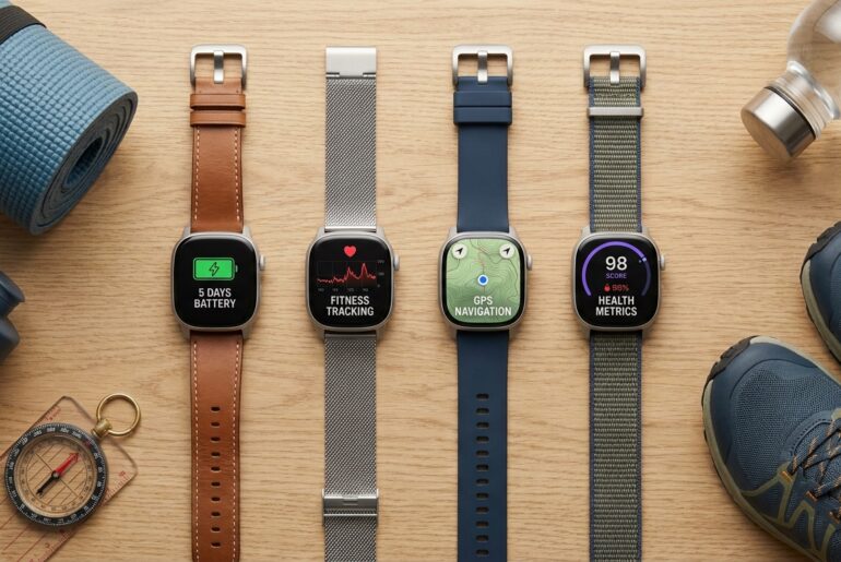 Smartwatches with long battery life displayed alongside fitness and outdoor accessories