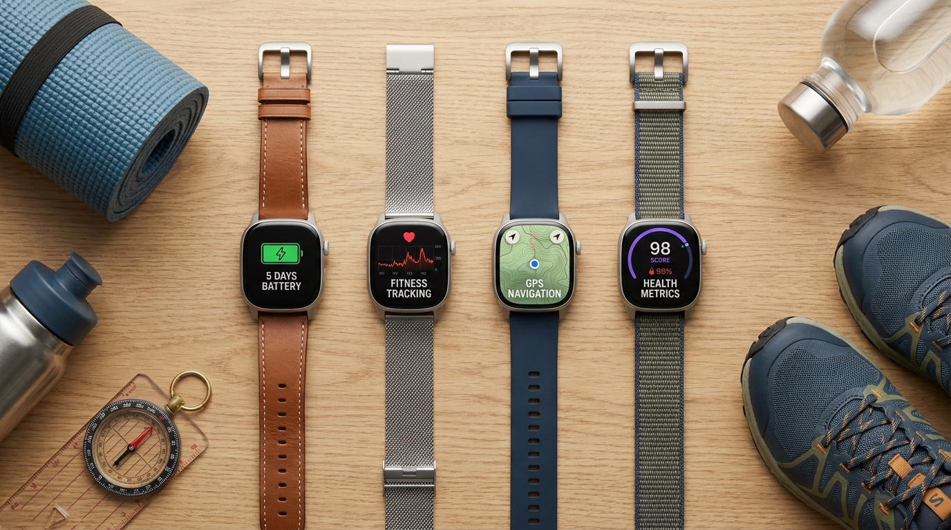 Best Smartwatches With Long Battery Life 2026: Top 9 Tested Picks Smartwatches with long battery life displayed alongside fitness and outdoor accessories