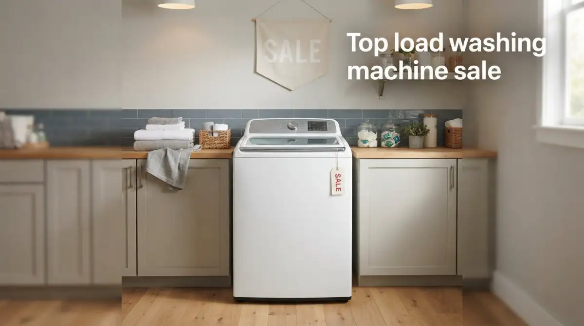 10 Best Top Load Washing Machine Sale (2026): Top Deals & Buying Guide Top-load washing machine in a modern laundry room showcasing an energy-efficient design and appliance sale promotion