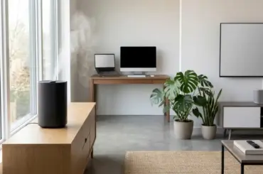Modern humidifier operating safely in a room with electronic devices while maintaining proper indoor humidity levels