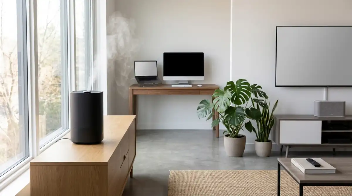 Can Humidifier Damage Electronics? (2026) Complete Guide Modern humidifier operating safely in a room with electronic devices while maintaining proper indoor humidity levels