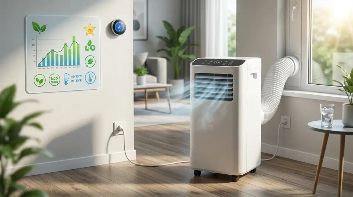 Cost To Run Portable Air Conditioner (2026): Complete Guide Portable air conditioner cooling a modern living room while showing electricity usage and running cost savings