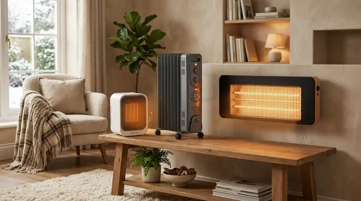 Most Efficient Small Room Heaters (2026): Expert Guide Modern energy-efficient small room heater warming a cozy living room with comfortable indoor surroundings