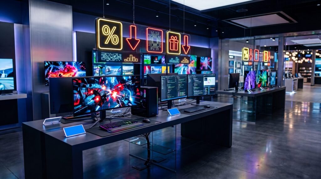 OLED Monitor Price Drops: Complete 2026 Buying Guide OLED gaming monitors displayed in an electronics store with promotional price drop signs and high-performance display setups
