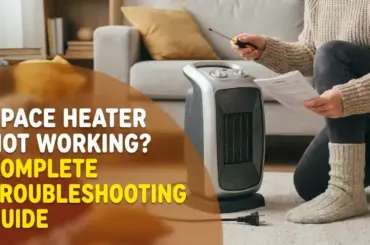 Portable electric space heater being inspected by a homeowner using a screwdriver and instruction manual in a living room