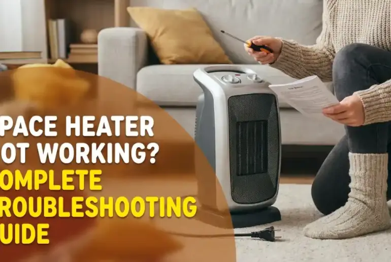 Portable electric space heater being inspected by a homeowner using a screwdriver and instruction manual in a living room