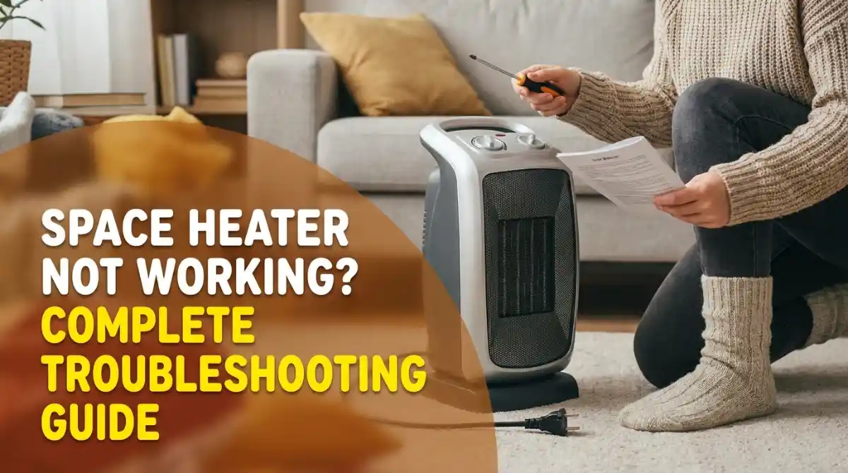 Space Heater Not Working? Complete Troubleshooting Guide (2026) – Easy Fixes Portable electric space heater being inspected by a homeowner using a screwdriver and instruction manual in a living room