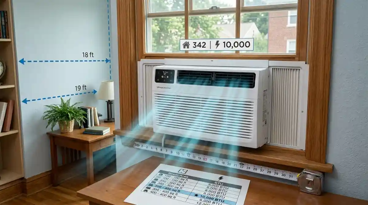 Window Air Conditioner Size Guide (2026): Calculate BTU Window air conditioner installed in a modern living room with room measurements and BTU sizing concept for efficient cooling