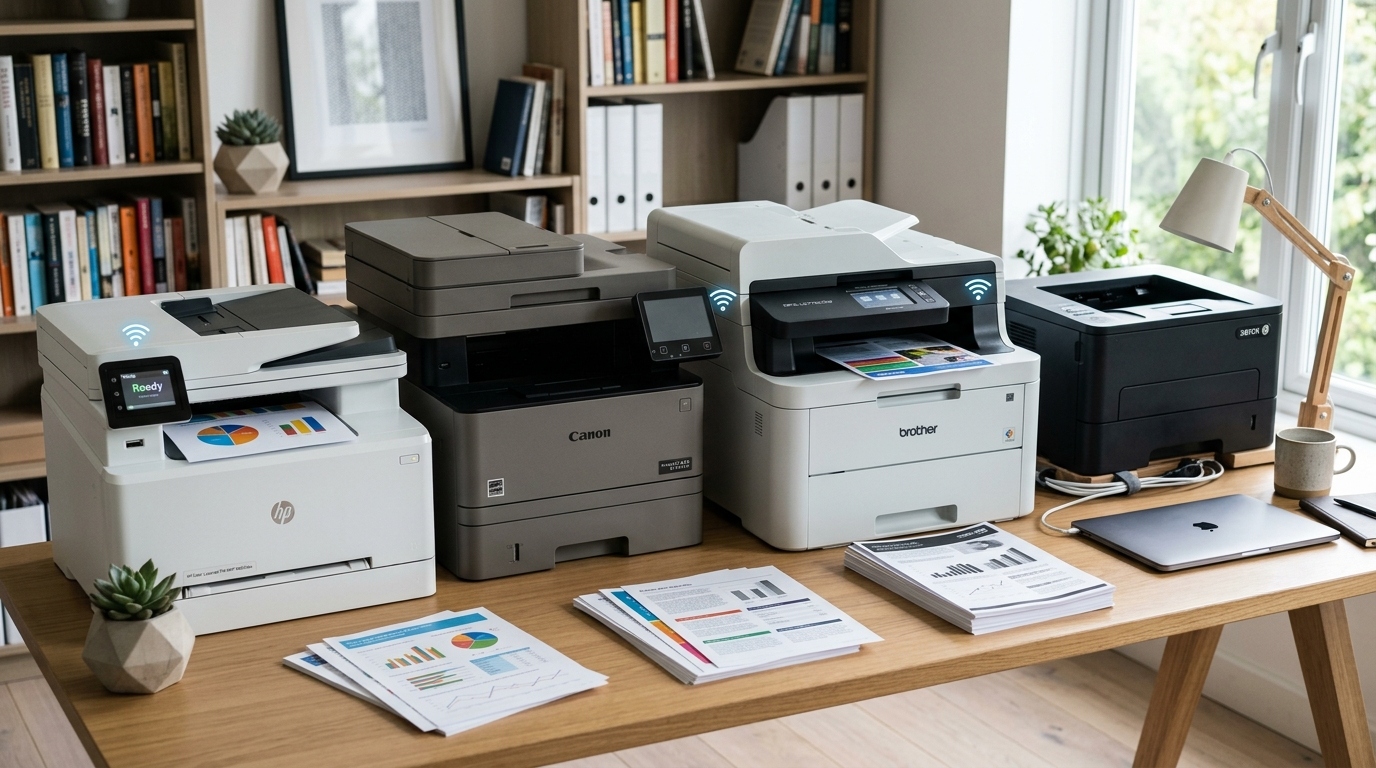 8 Best Laser Printers for Home Office (2026): Tested for Speed & Reliability Premium laser printers displayed in a modern home office workspace for a 2026 buying guide.